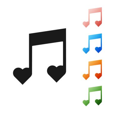 Siyah müzik notası, beyaz arkaplanda izole edilmiş kalp simgesi olan ton. Sevgililer Günü. Simgeleri renklendirin. Vektör İllüstrasyonu