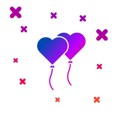 Kalp şeklinde renkli balonlar ve beyaz arkaplanda izole edilmiş kurdele ikonu. Sevgililer Günü. Kademeli rastgele dinamik şekiller. Vektör İllüstrasyonu