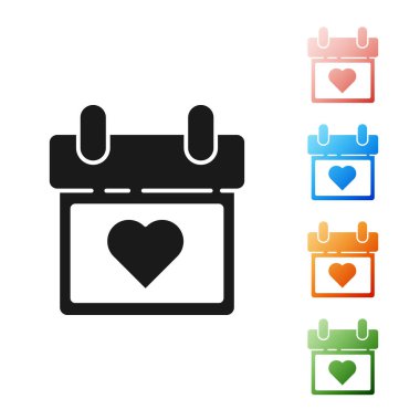 Beyaz arka planda izole edilmiş kalp simgesine sahip Siyah Takvim. Sevgililer günü. Aşk sembolü. 14 Şubat. Simgeleri renkli ayarlayın. Vektör İllüstrasyonu