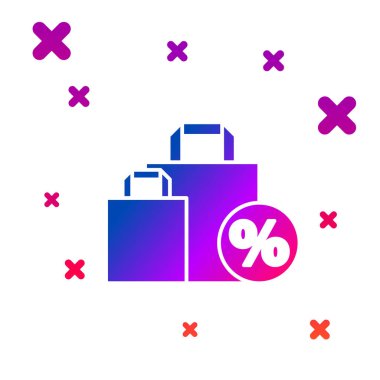 Beyaz arkaplanda% 100 indirim simgesi olan renkli Shoping torbası. El çantası işareti. Kademeli rastgele dinamik şekiller. Vektör İllüstrasyonu