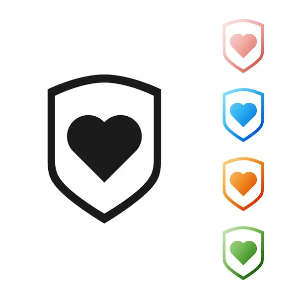 Black Heart with shield icon isolated on white background. Love symbol. Security, safety, protection, protect concept. Valentines day. Set icons colorful. Vector Illustration — Stock Vector