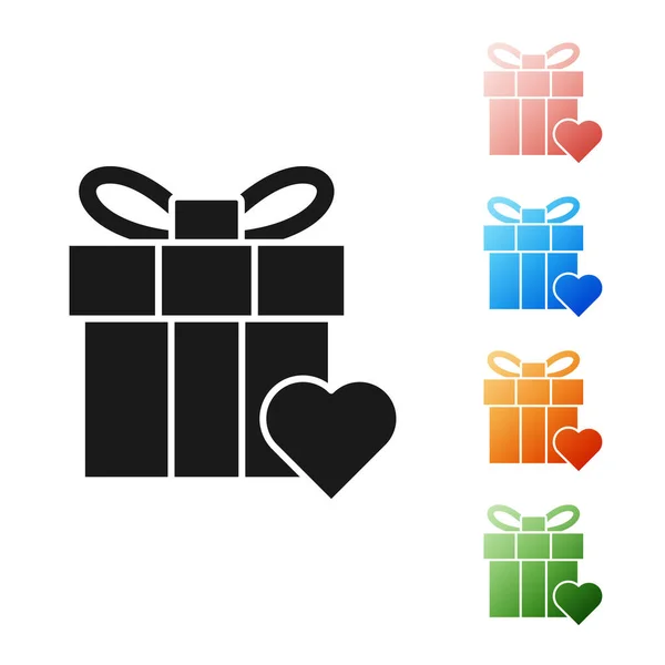 Caja de regalo negra e icono del corazón aislado sobre fondo blanco. Día de San Valentín. Establecer iconos de colores. Ilustración vectorial — Vector de stock