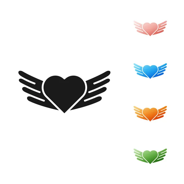 Coração preto com asas ícone isolado no fundo branco. Símbolo de amor. Dia dos Namorados. Definir ícones coloridos. Ilustração vetorial — Vetor de Stock
