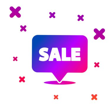 Beyaz arkaplanda izole edilmiş metin satışı simgesi olan Renk Asma işareti. Mesaj indirimli tabela. Kademeli rastgele dinamik şekiller. Vektör İllüstrasyonu