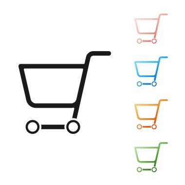 Siyah alışveriş sepeti simgesi beyaz arka planda yalıtılmış. Online satın alma kavramı. Teslimat hizmeti işareti. Süpermarket sepeti sembolü. Simgeler renkli ayarlayın. Vektör Illustration