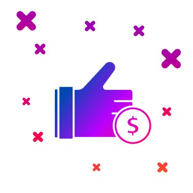 Renkli El, beyaz arka planda izole edilmiş madeni para simgesini tutuyor. Dolar ya da Usd sembolü. Nakit bankacılık tabelası. Kademeli rastgele dinamik şekiller. Vektör İllüstrasyonu