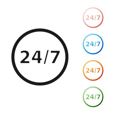 Siyah Saat 24 saat simgesi beyaz arkaplanda izole edildi. Tüm gün döngü simgesi. 24 saat hizmet sembolü. Simgeleri renklendirin. Vektör İllüstrasyonu