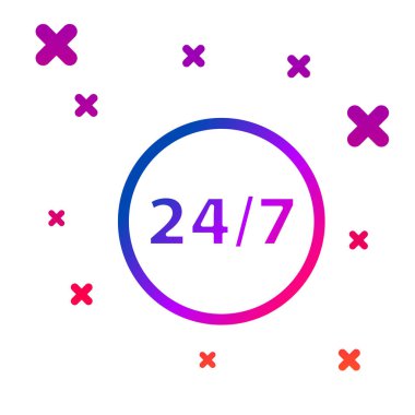 Renkli saat 24 saat simgesi beyaz arka planda izole. Tüm gün döngüsel simge. 24 saat servis sembolü. Degrade rasgele dinamik şekiller. Vektör Illustration