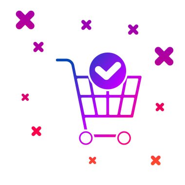 Beyaz arkaplanda işaret simgesi olan renkli alışveriş arabası. Onaylanmış, onaylanmış, tamam, tik, tamamlanmış süpermarket sepeti. Kademeli rastgele dinamik şekiller. Vektör İllüstrasyonu