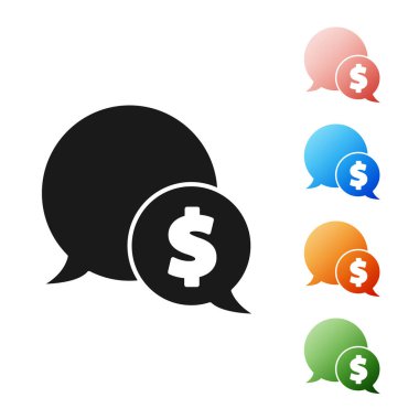 Beyaz arka planda dolar simgesi olan siyah konuşma balonu. Rozet fiyatına. Dolar sembollü indirim. Reklam etiketi indirimi. Simgeleri renklendirin. Vektör İllüstrasyonu