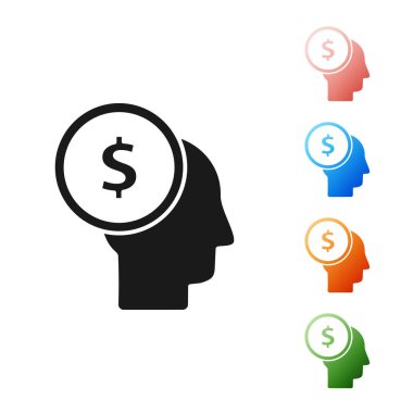 Siyah iş adamı beyaz arka planda izole edilmiş zihin ikonu planlıyor. Dolarlı insan kafası. Para kazanmak için bir fikir. Yatırım artışı. Simgeleri renklendirin. Vektör İllüstrasyonu