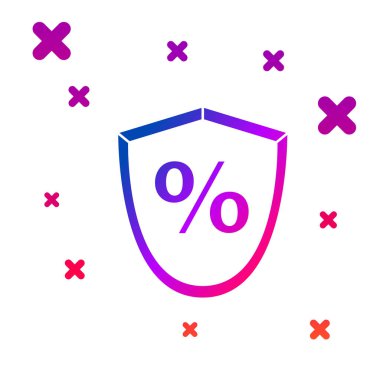 Renk Kredisi% simgesi beyaz arkaplanda izole edildi. Koruma kalkanı işareti. Kredi yüzdesi sembolü. Kademeli rastgele dinamik şekiller. Vektör İllüstrasyonu