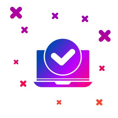 Beyaz arkaplanda izole edilmiş renkli dizüstü simgesi. Boş ekran işaretli bilgisayar defteri. Kademeli rastgele dinamik şekiller. Vektör İllüstrasyonu