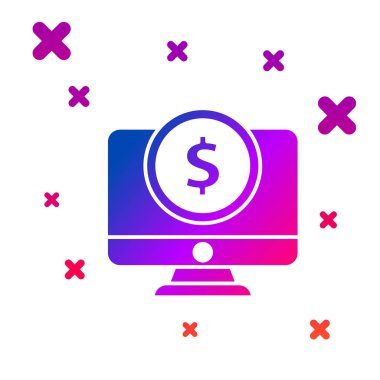 Beyaz arka planda izole dolar sembolü simgesi ile renkli bilgisayar monitörü. Online alışveriş konsepti. Internet, pazarlama kazançlar. Degrade rasgele dinamik şekiller. Vektör Illustration