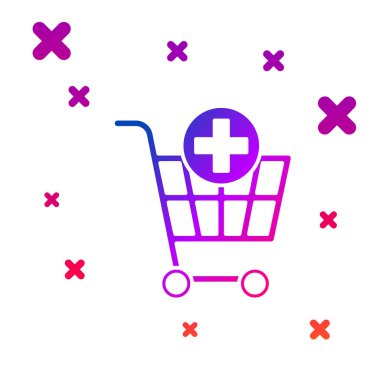 Renk beyaz arka planda izole alışveriş sepeti simgesine ekleyin. Online satın alma kavramı. Teslimat hizmeti işareti. Süpermarket sepeti sembolü. Degrade rasgele dinamik şekiller. Vektör Illustration