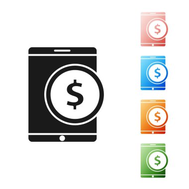 Beyaz zemin üzerinde dolar sembolü olan siyah tablet. İnternetten alışveriş konsepti. Finansal cep telefonu. Çevrimiçi ödeme. Simgeleri renklendirin. Vektör İllüstrasyonu
