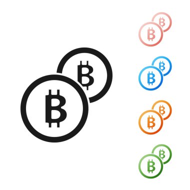 Siyah Cryptocurrency sikke Bitcoin simgesi beyaz arka plan üzerinde izole. Fiziksel biraz para. Blockchain tabanlı güvenli kripto para birimi. Simgeleri renkli ayarlayın. Vektör İllüstrasyonu