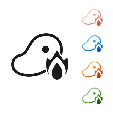 Siyah ızgara biftek ve beyaz arka planda izole edilmiş ateş alevi ikonu. Simgeleri renklendirin. Vektör İllüstrasyonu