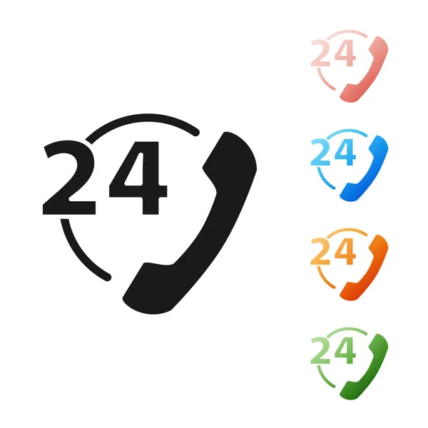 Czarny telefon 24 godziny wsparcia ikony izolowane na białym tle. Całodniowy call-center obsługi klienta. Pełny etat. Zestaw ikon kolorowe. Ilustracja wektora — Wektor stockowy