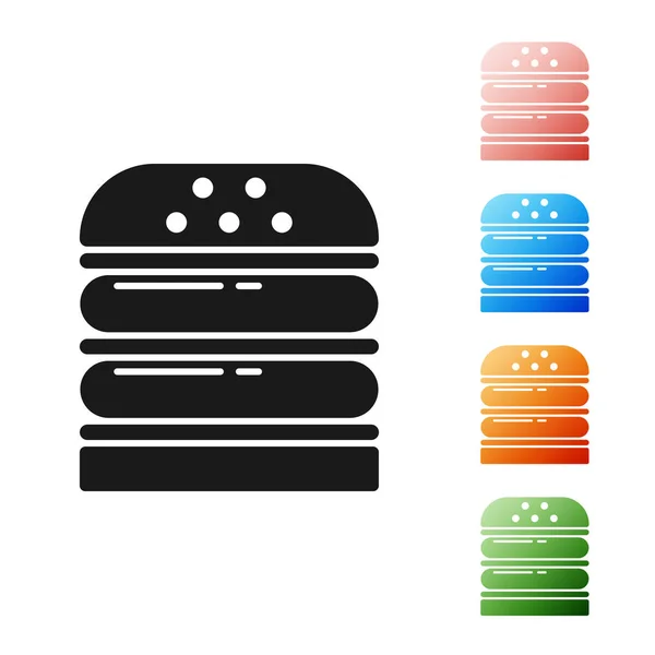 Μαύρο Burger εικονίδιο απομονώνονται σε λευκό φόντο. Εικονίδιο χάμπουργκερ. Σάντουιτς με τσίζμπεργκερ. Μενού γρήγορου φαγητού. Ορισμός εικονίδια πολύχρωμα. Εικονογράφηση διανύσματος — Διανυσματικό Αρχείο