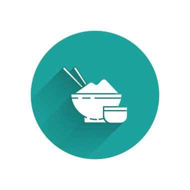 Çubuklu bir kasede beyaz pirinç ve uzun gölgeli bir sos ikonu. Geleneksel Asya yemekleri. Yeşil daire düğmesi. Vektör İllüstrasyonu