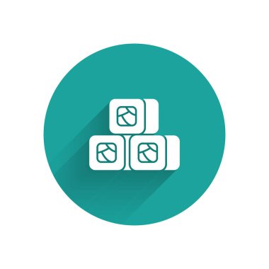 Uzun gölgeli beyaz suşi ikonu. Geleneksel Japon yemekleri. Yeşil daire düğmesi. Vektör İllüstrasyonu