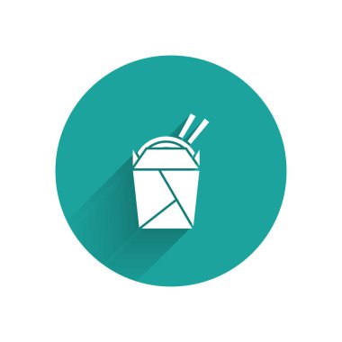 Karton kutuda beyaz Asya erişteleri ve uzun gölgeli yemek çubukları ikonu. Sokak yemeği. Kore, Japon, Çin yemekleri. Yeşil daire düğmesi. Vektör İllüstrasyonu