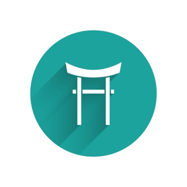 Beyaz Japon Kapı simgesi uzun gölgeli izole edilmiş. Torii kapı işareti. Geleneksel Japon klasik geçit sembolü. Yeşil daire düğmesi. Vektör İllüstrasyonu