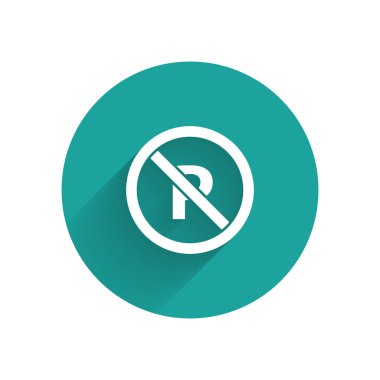 Beyaz Park Yasağı ya da uzun gölgeli bir ikonu durdurmak. Sokak tabelası. Yeşil daire düğmesi. Vektör İllüstrasyonu