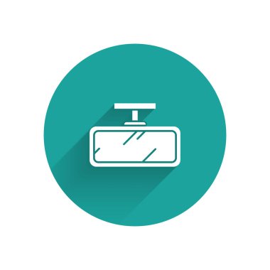 Beyaz Araba ayna ikonu uzun gölge arkaplan izole. Yeşil daire düğmesi. Vektör İllüstrasyonu