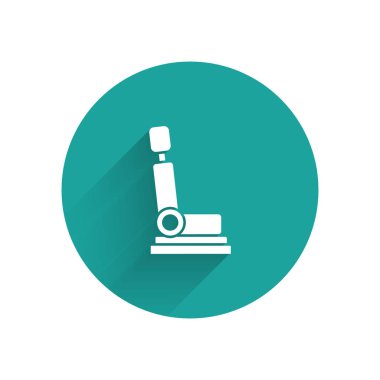 Beyaz araba koltuğu ikonu uzun gölge arkaplan izole. Araba koltuğu. Yeşil daire düğmesi. Vektör İllüstrasyonu