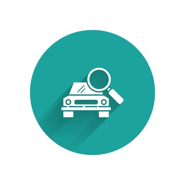 Beyaz Araba arama simgesi uzun gölgeli. Arabalı büyüteç. Yeşil daire düğmesi. Vektör İllüstrasyonu