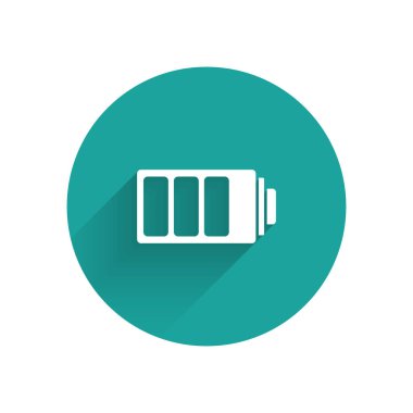 Beyaz pil şarj seviyesi göstergesi simgesi uzun gölge ile yalıtılmış. Yeşil daire düğmesi. Vektör Illustration