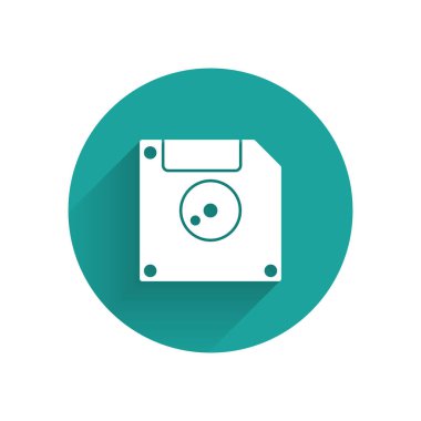 Bilgisayar veri depolama simgesi için uzun gölgeli beyaz disket. Disket işareti. Yeşil daire düğmesi. Vektör İllüstrasyonu