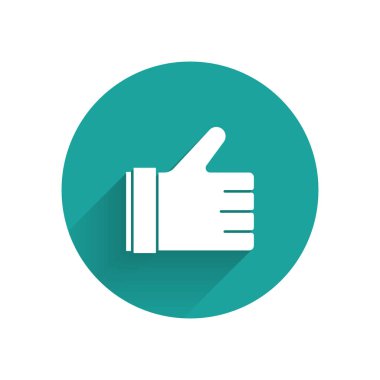 Beyaz El, uzun gölgeli bir ikon gibidir. Yeşil daire düğmesi. Vektör İllüstrasyonu