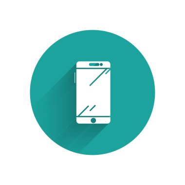 Beyaz akıllı telefon, cep telefonu ikonu uzun gölgeli. Yeşil daire düğmesi. Vektör İllüstrasyonu