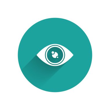 Beyaz Göz simgesi uzun gölgeli. Yeşil daire düğmesi. Vektör İllüstrasyonu