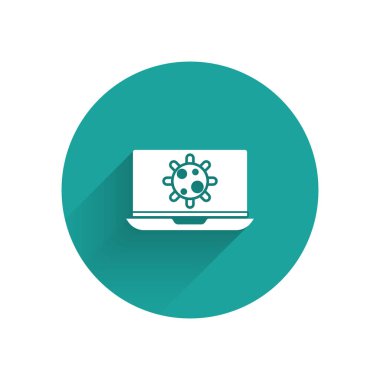 Dizüstü bilgisayar simgesindeki beyaz bakteriler uzun gölgeli izole edilmiş. Bakteri ve mikroplar, hücre kanseri, mikrop, virüs, mantar. Yeşil daire düğmesi. Vektör İllüstrasyonu