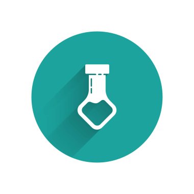 Beyaz test tüpü ve uzun gölgeli kimyasal test ikonu. Laboratuvar cam levhası. Yeşil daire düğmesi. Vektör İllüstrasyonu