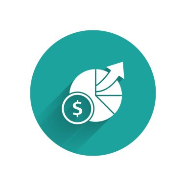 Beyaz Para ve diyagram grafik simgesi uzun gölgeli izole. Finansal analizler, bütçe planlaması, finans yöneticileri. Yeşil daire düğmesi. Vektör İllüstrasyonu