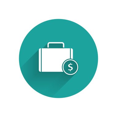 Beyaz evrak çantası ve uzun gölge ile izole para simgesi. İş davası işareti. İş portföyü. Yeşil daire düğmesi. Vektör Illustration