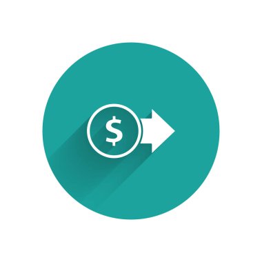 Beyaz Coin para dolar sembol simgesi ile uzun gölge izole. Bankacılık para birimi işareti. Nakit sembolü. Yeşil daire düğmesi. Vektör Illustration
