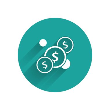 Beyaz Coin para dolar sembol simgesi ile uzun gölge izole. Bankacılık para birimi işareti. Nakit sembolü. Yeşil daire düğmesi. Vektör Illustration