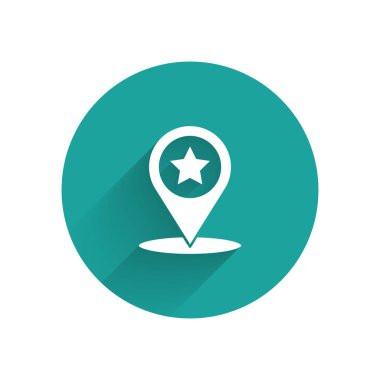 Yıldız simgesiyle izole edilmiş uzun gölgeli beyaz harita işaretçisi. Yıldız favori iğne haritası simgesi. Harita işaretleyicileri. Yeşil daire düğmesi. Vektör İllüstrasyonu