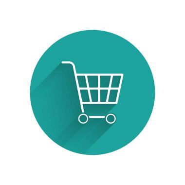 Uzun gölgeli beyaz alışveriş arabası ikonu. İnternetten satın alma konsepti. Servis tabelası. Süpermarket sepeti sembolü. Yeşil daire düğmesi. Vektör İllüstrasyonu