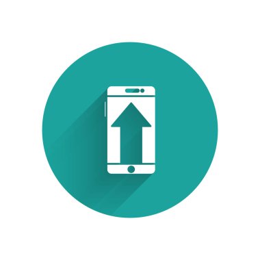 Beyaz akıllı telefon, cep telefonu ikonu uzun gölgeli. Yeşil daire düğmesi. Vektör İllüstrasyonu