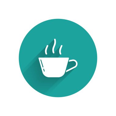 Uzun gölgeli beyaz kahve bardağı ikonu. Çay fincanı. Sıcak içecek kahvesi. Yeşil daire düğmesi. Vektör İllüstrasyonu