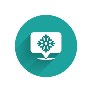 Konuşma baloncuğu ikonlu beyaz kar tanesi uzun gölgeli izole edilmiş. Mutlu Noeller ve mutlu yıllar. Yeşil daire düğmesi. Vektör İllüstrasyonu