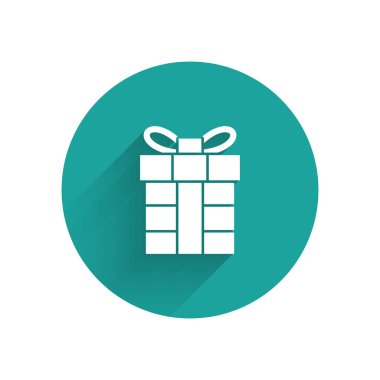 Uzun gölgeli beyaz hediye kutusu simgesi. Mutlu Noeller ve mutlu yıllar. Yeşil daire düğmesi. Vektör İllüstrasyonu