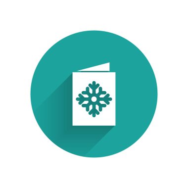 Uzun gölgeli beyaz Noel kartpostal ikonu. Mutlu Noeller ve mutlu yıllar. Yeşil daire düğmesi. Vektör İllüstrasyonu